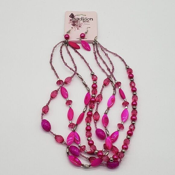 Madison Avenue 4 Strand Fuchsia Pink Glass Faux Beaded Necklace & Earring Set - Picture 5 of 9